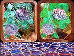 Gerry Phibbs' stained glass art - this was a gift to his niece for her wedding on 10/20/01. Composite image, showing both front and back of panel.  Gerry used the copper foil technique and heavily cop