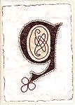 A computer generated G. The letter is felt bonded to marbled Organza. The bacground is marbled also with metallic paints. The scroll is leather and there are beads around the letter, as well as a gold
