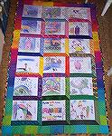 Quilt made by Becky Craft and 1st grade class using Crayola fabric crayons (iron on image) for teacher adopting a child.Crayon Quilt 1Backy
