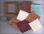 This image shows the small (2-inch) square Weavette loom and an assortment of samples woven on it.Weavette, small size squareRuthMacGregor