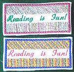 This is a machine embroidery bookmark that was worked by Kyra Tenpenny for our 2002 bookmark swap. These were worked from a free design by Antonia Valentine. The wording was added to the design. These