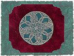 Rubber stamped medallion embossed in gold, cut out and mounted onto burgundy velvet cardstock and then on to dark green marbled paper.

Xmas in July Swap 2002
Sue Griesemer