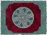 Rubber stamped medallion embossed in gold, cut out and mounted onto burgundy velvet cardstock and then on to dark green marbled paper.

Xmas in July Swap 2002
Sue Griesemer