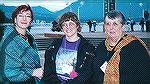 Ruth M., Kaari P. and Nancy R. at Convergence 2002, Vancouver. Notice Ruth and Nancy proudly wearing their handwovens, and Kaari''s pink tassle, which had just allowed us to spot her!!Meeting Kaari-Co