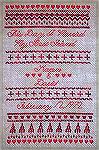 This is the sampler I did for our anniversary and gave to my husband.  It is Clairene's Promise designed by Martha Jones of Marth's Fancy.  It uses Needle Necessities red as the basic color on natural