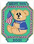 Sept.11th, 2001 commemorative cross stitch Teddy Bear patch. Adapted from 1976 magazine design. DMC floss on 22 per inch Hardanger. (Image is direct scan of the embroidery.)
