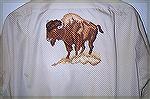 Bison or American buffalo done with waste canvas on a shirt for my son Jon in 2003.  Cannot give details of the book containing the chart as I tossed it after I finished this piece.  Had done all the 