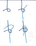 Here is another way of tying the weaver's knot (aka &quot;sheet bend&quot;).  The dark blue yarn is &quot;fixed&quot; (i.e., attached to the loom), and the turquoise yarn is the &quot;working&quot; ya