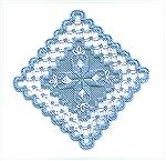 Hardanger ornament on blue linen with blue and white perle coton.  Designed by A Stitch in Time Designs and stitched by Karen Willett.