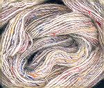 This yarn was spun from silk thrums (short lengths of yarn) carded together with Cheviot wool.