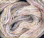 This yarn was spun from silk thrums (short lengths of yarn) carded together with Cheviot wool.
