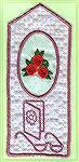 Bookmarks donated by Kyra Tenpenny. The bookmarks were machine embroideried. They are designed by Kyra Tenpenny using Pedesign and Loes Pre-Design program. The small roses are from a Cardnel collectio