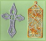 Bookmarks donated by Kyra Tenpenny. The bookmarks were machine embroideried. The cross the from Dakota Collecables Christmas Free Standing Lace #970364. The butterfly bookmark is from their Lace #9703