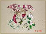 Wendy Durell stitched this Bird of Paradise in Crewel work using DMC stranded and gold thread and beads.  The stitches used are French knots, satin, long and short, coral, fern   stem, and chain stitc