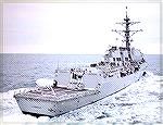 Arleigh Burke class Guided missile destroyer. Stern view featuring the helicopter flight deck.